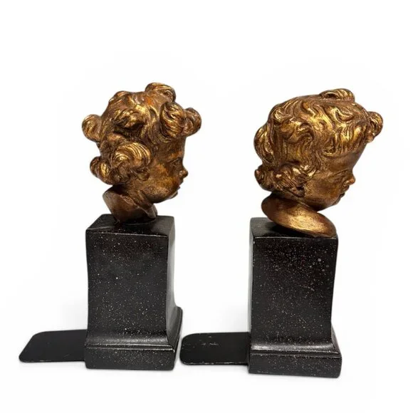 Vintage Borghese Italian Cherub Putti Bookends, Gilt Chalkware Faux Marble Base - Picture 10 of 16